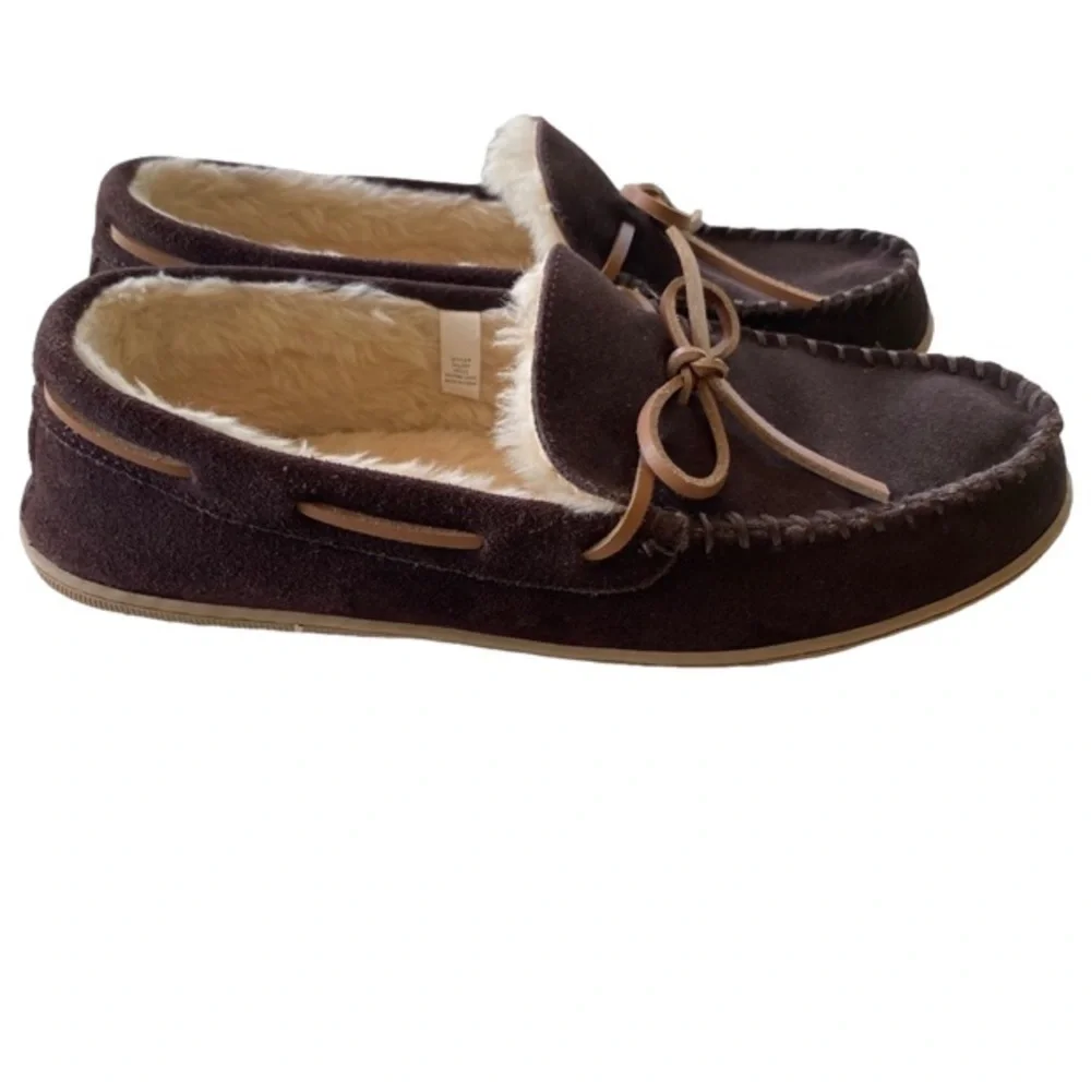 J CREW Suede Moccasin Slippers, Sherpa Fleece, Expresso Brown, Men's Siz…
